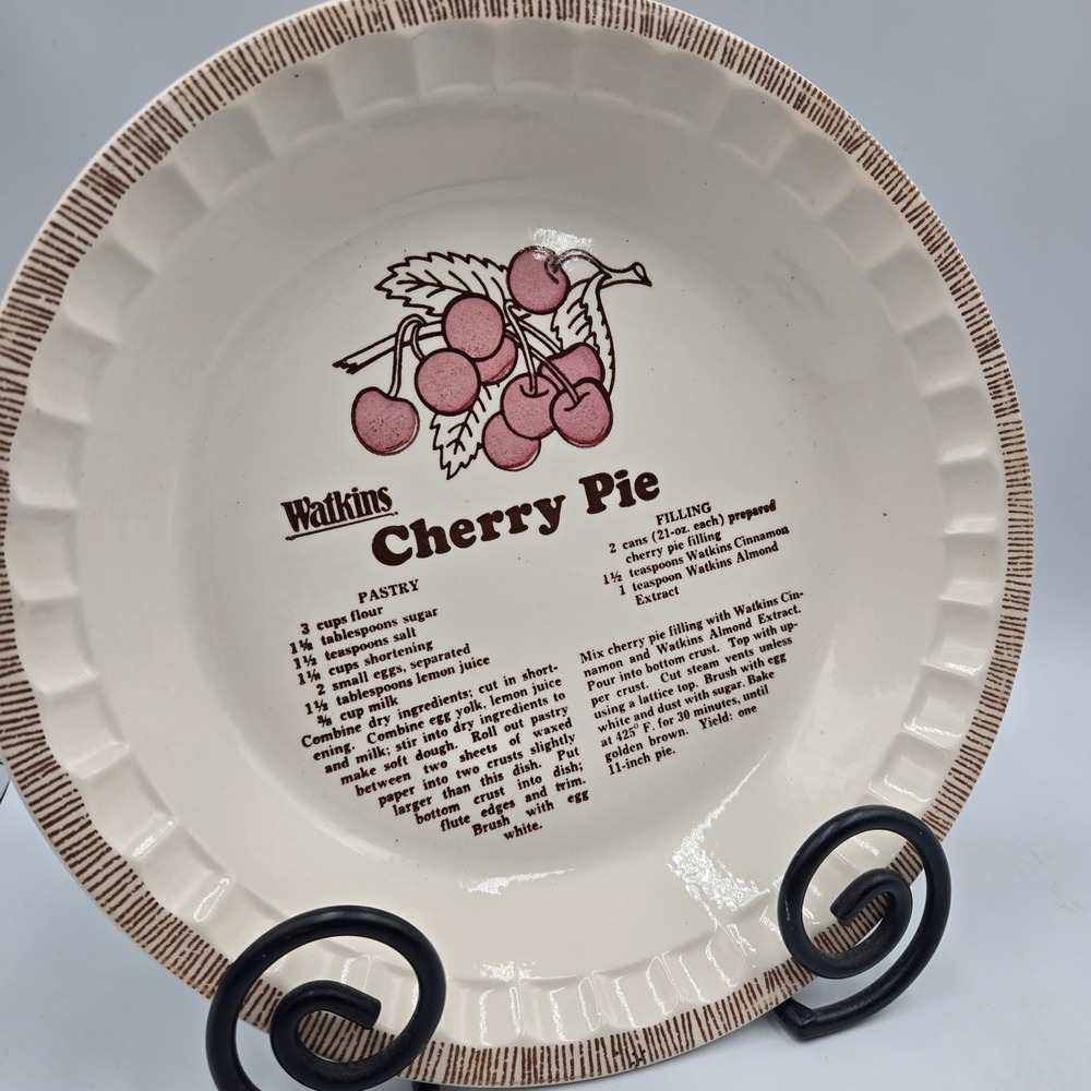 Vintage Watkins 11" Ceramic CHERRY PIE Recipe Plate Deep Dish Cottagecore